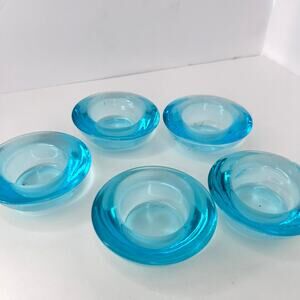 Five Crate & Barrel Light Aqua Blue Clear Glass Tea Light Holders 3"
